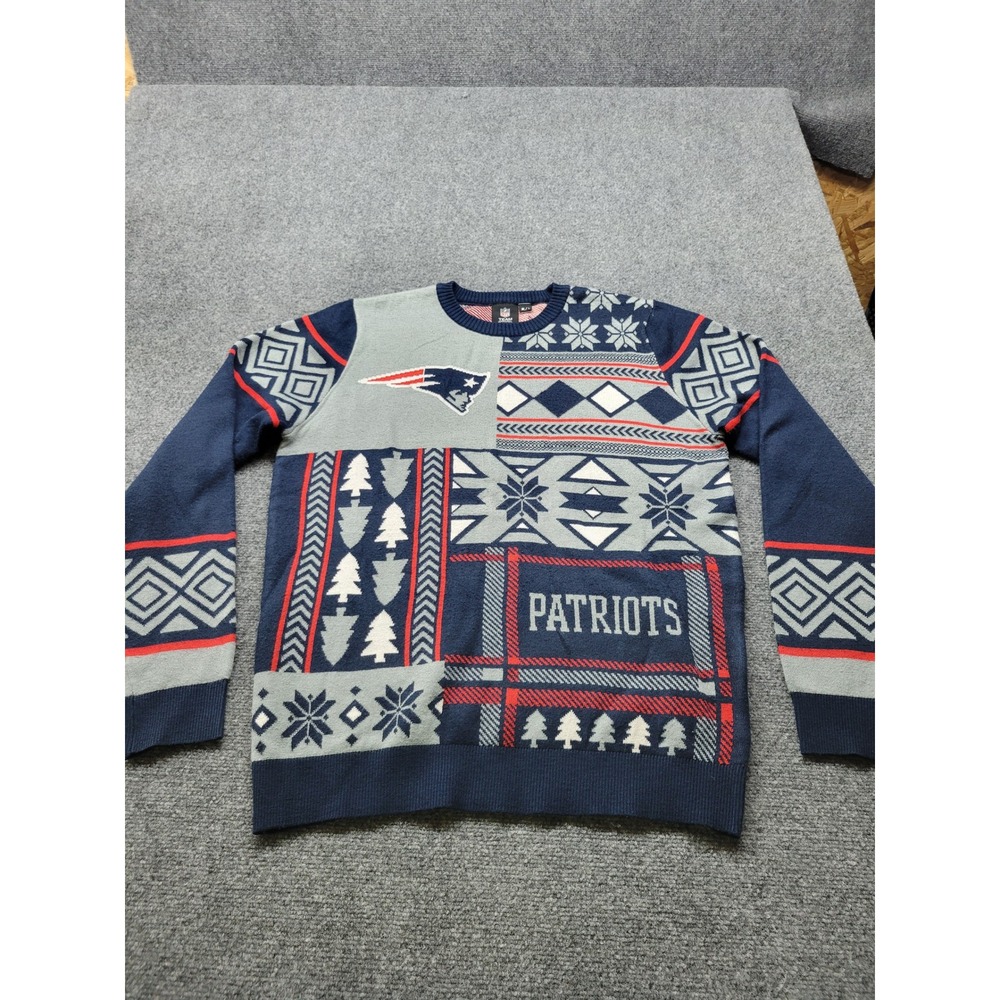 NFL New England Patriots Ugly Christmas Sweater Mens XL Blue Patchwork Knit